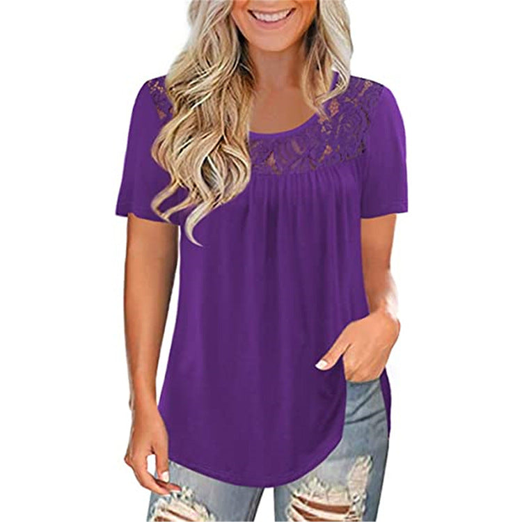 Women's Sleeve Lace Pleated Shirt Summer Waist Temperament Plus Size