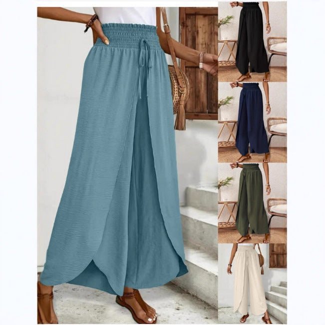 Women's Elegant Split Trousers Loose Waist Drawstring Casual Pants