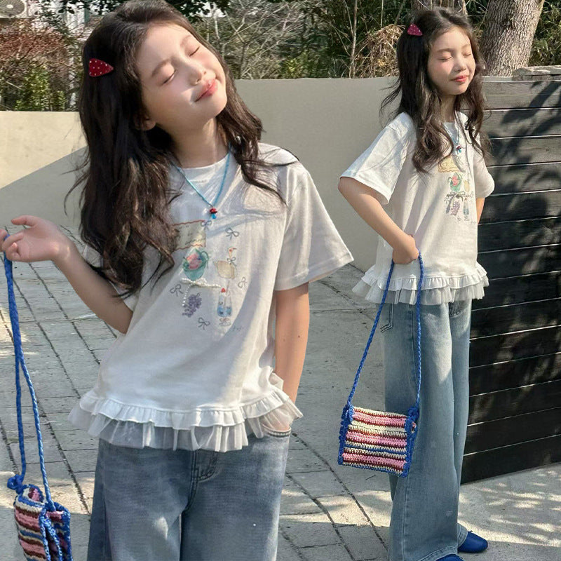 Children's Summer Short-sleeved Medium Big Fashionable Half-sleeve Pure Cotton Lace Bottoming Children's T-shirt