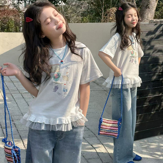 Children's Summer Short-sleeved Medium Big Fashionable Half-sleeve Pure Cotton Lace Bottoming Children's T-shirt