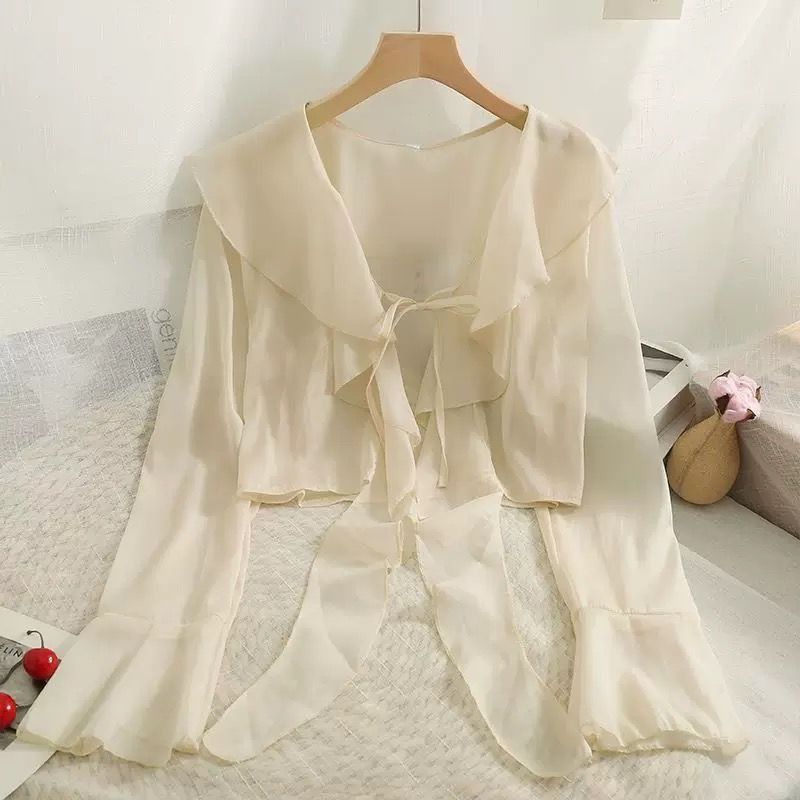 Women's Ruffled Sun Protection Fat Summer Long Lace Shirt, Chiffon Shirt