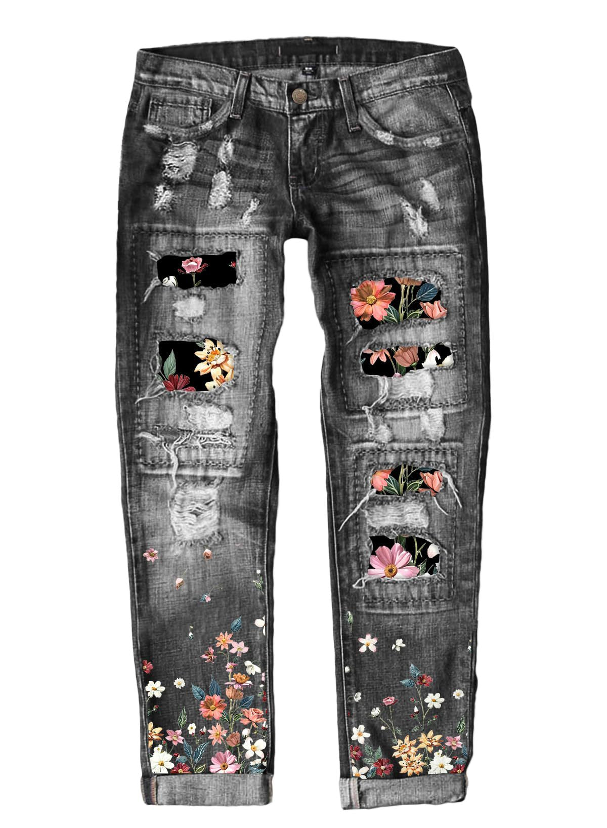 Women's Fashion Holes Printed Patch Straight Jeans