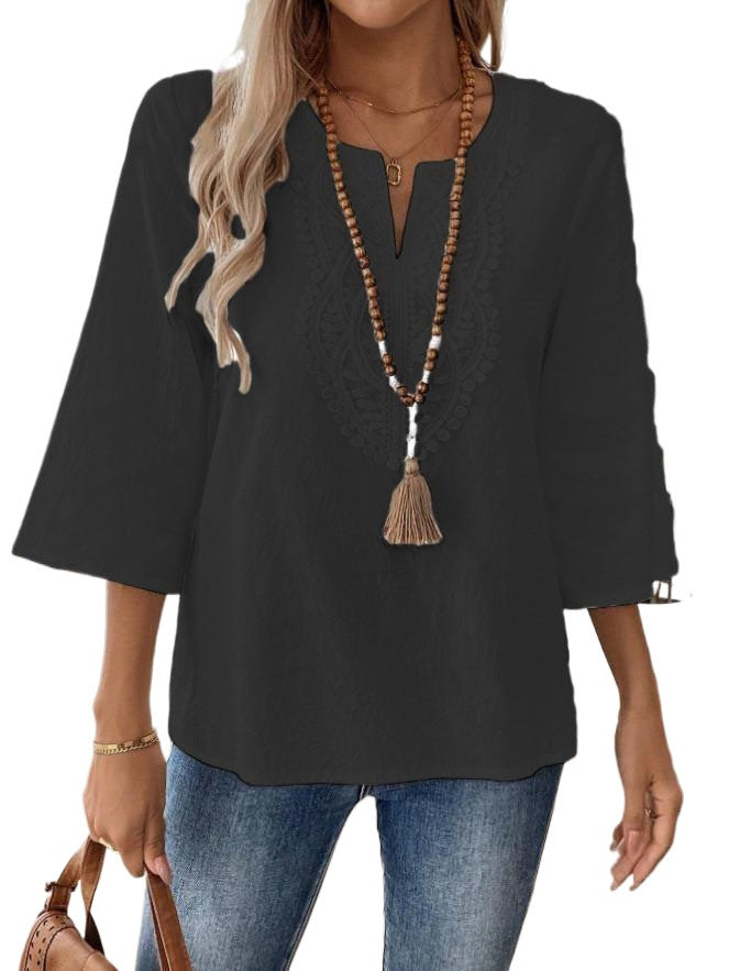 Women's Shirt Lace Trim Solid Color White Blue Blouse