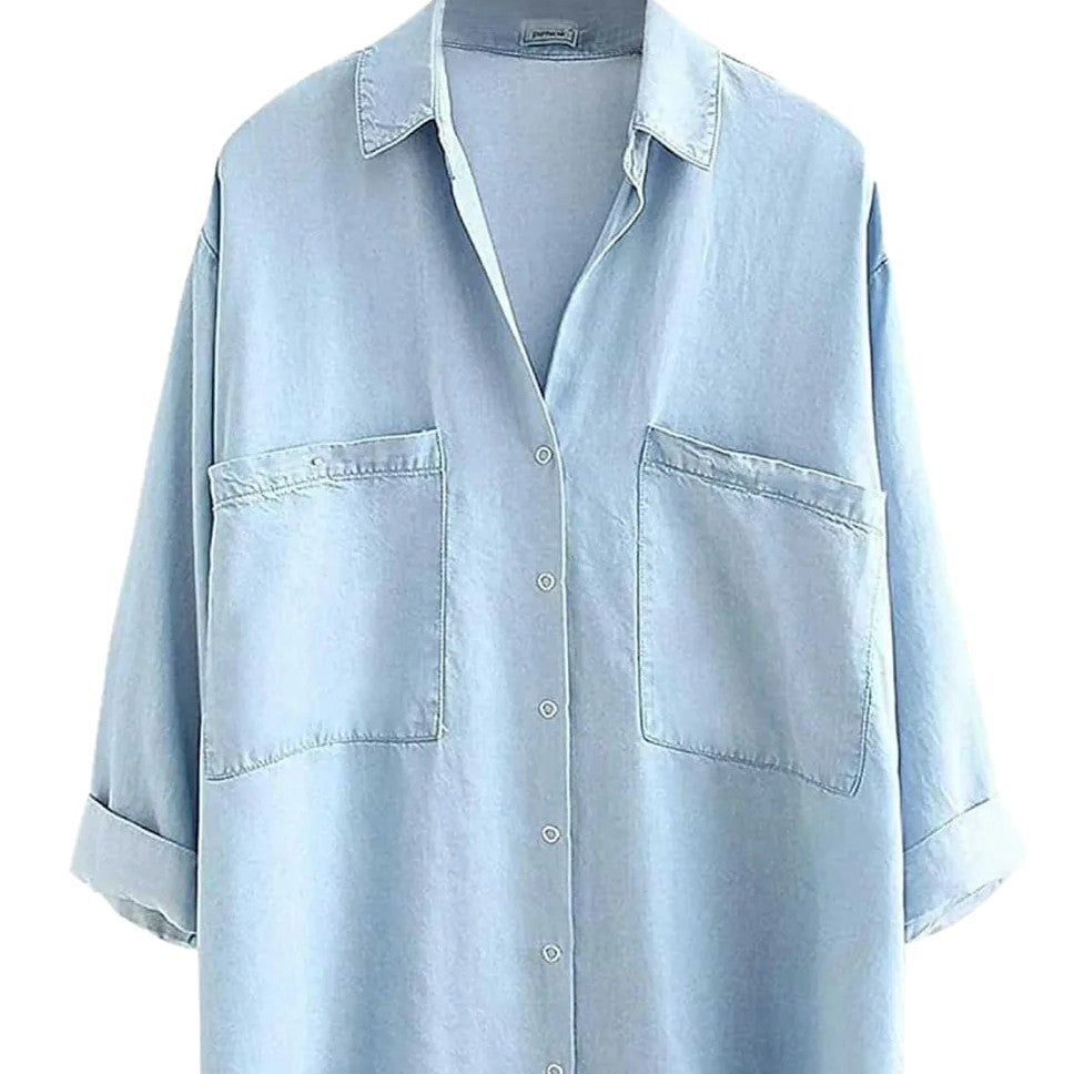 Women's Shirt Loose Three-quarter Sleeve Double Pocket Versatile Large Blouse