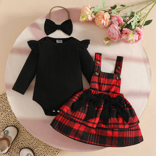 Stripe Long-sleeved Shirt Plaid Dress Hair Band Three-piece Children's Suit