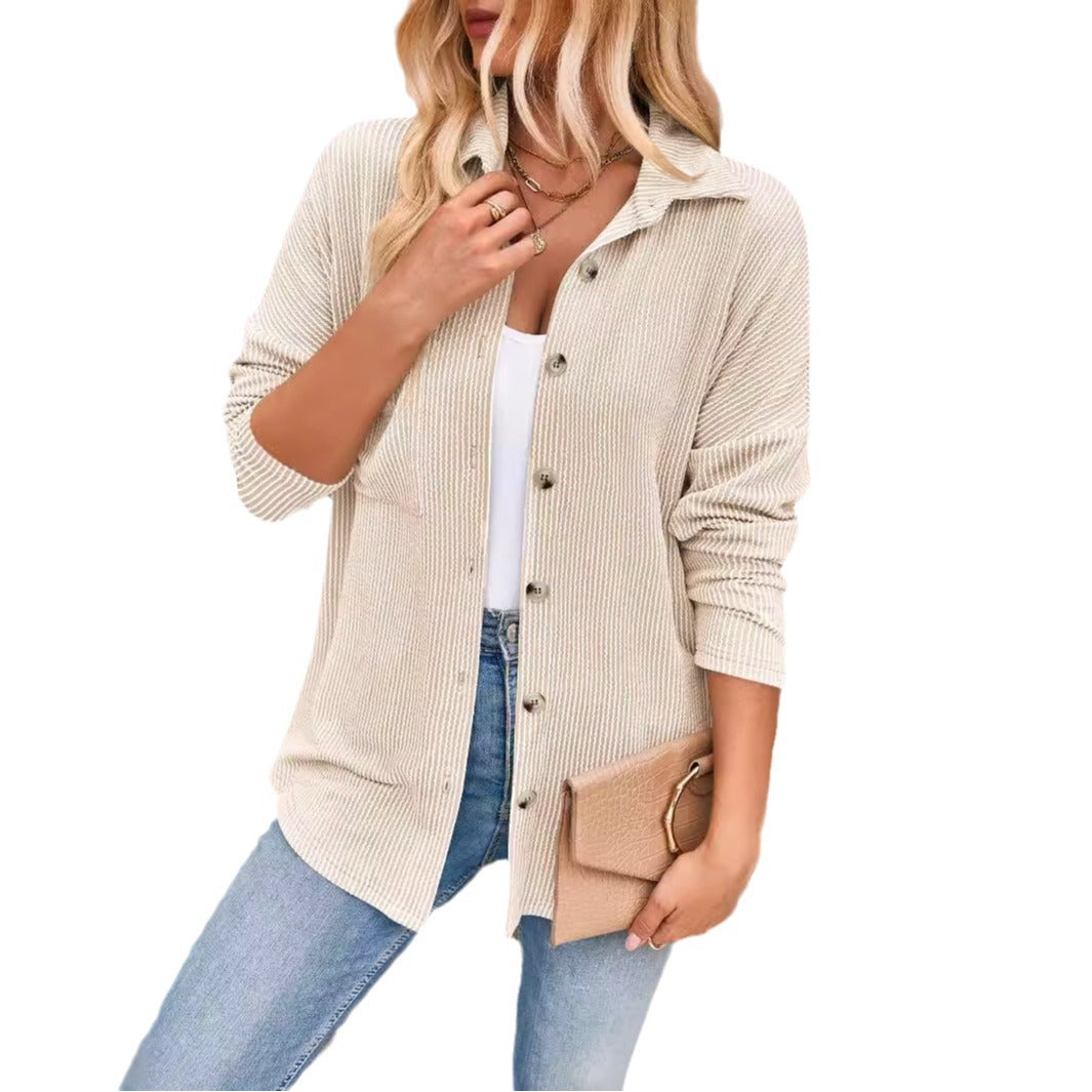 Striped Contrast Color Pocket Long Sleeve Blouse