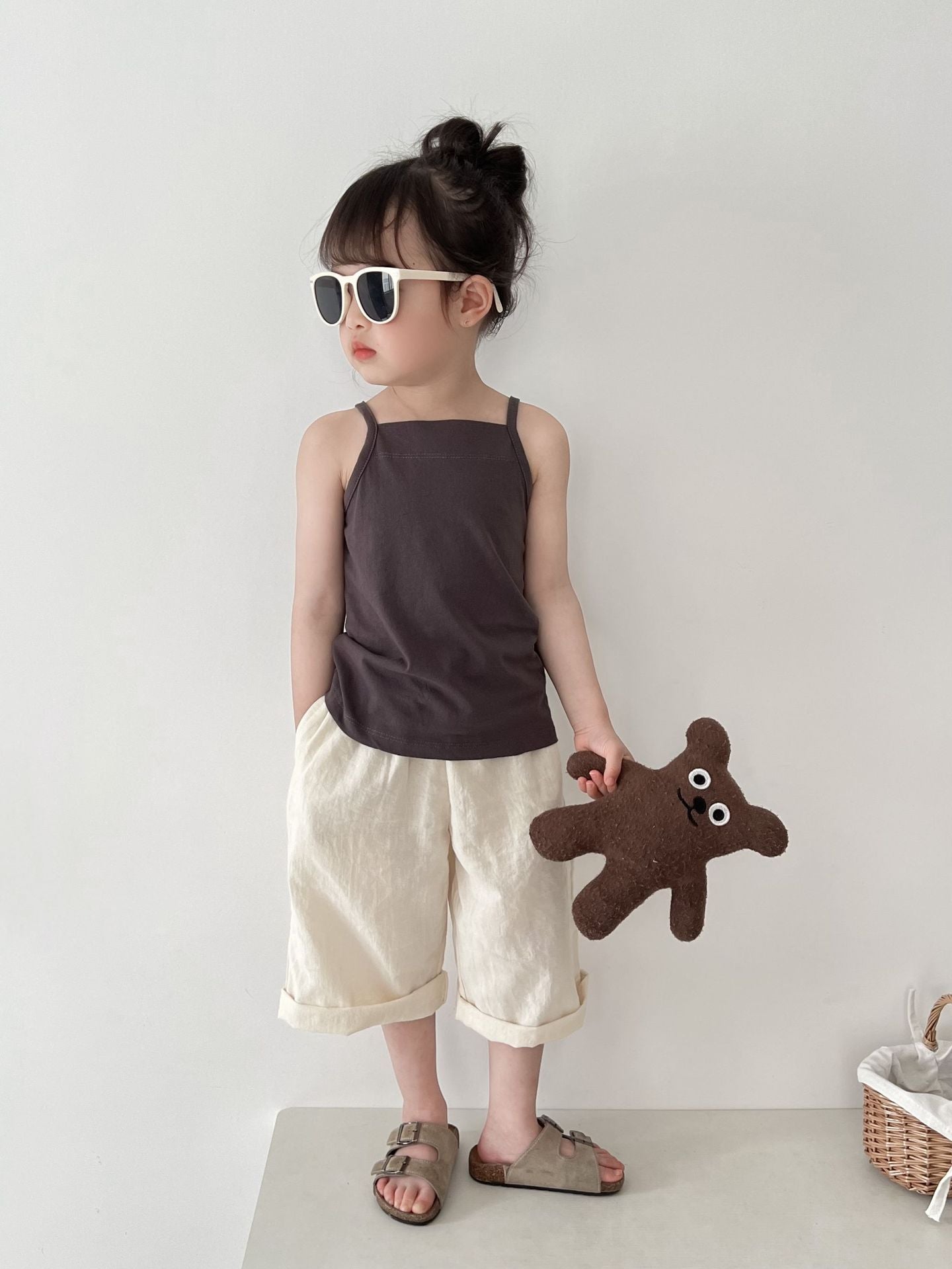 Children's Spring Cotton Linen Trousers Korean Style Retro Solid Color Straight Children's Pants