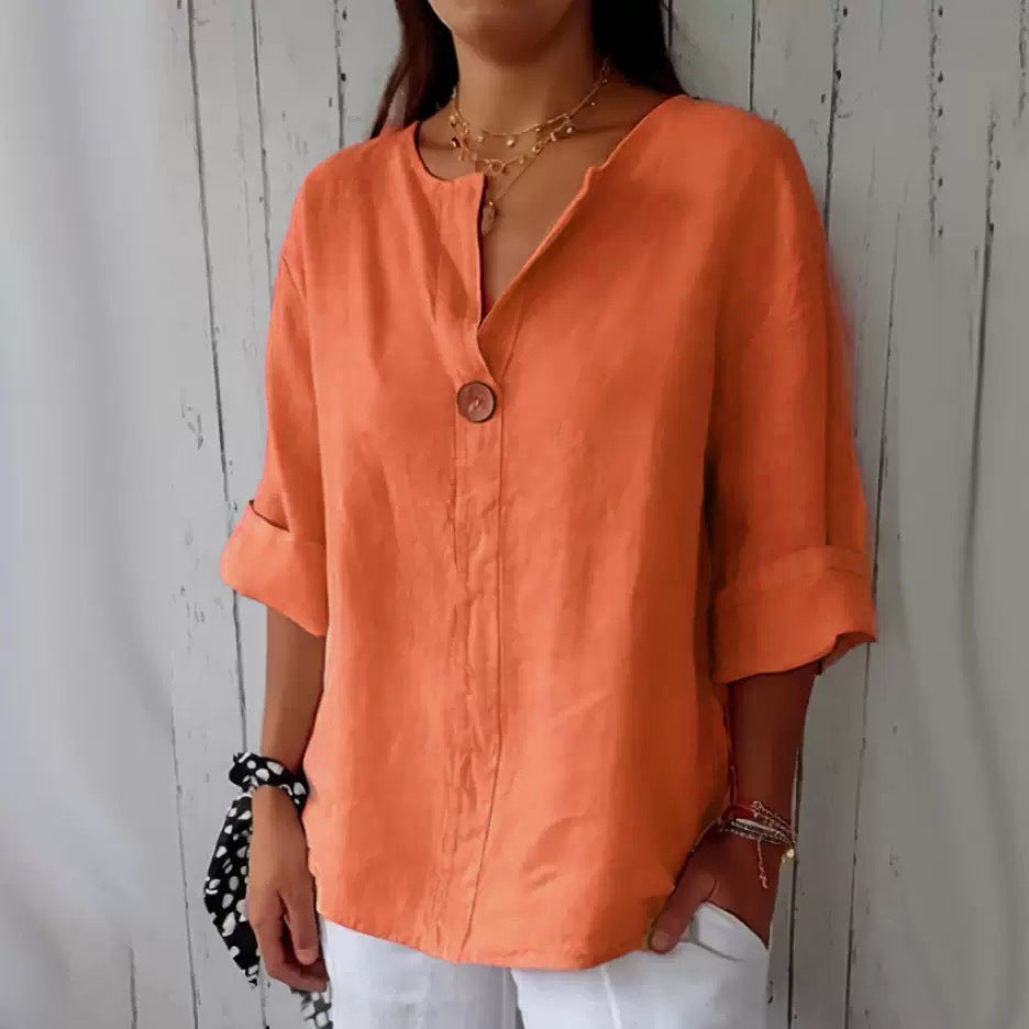 Women's Summer Loose Solid Color Buttons Cotton Blouse