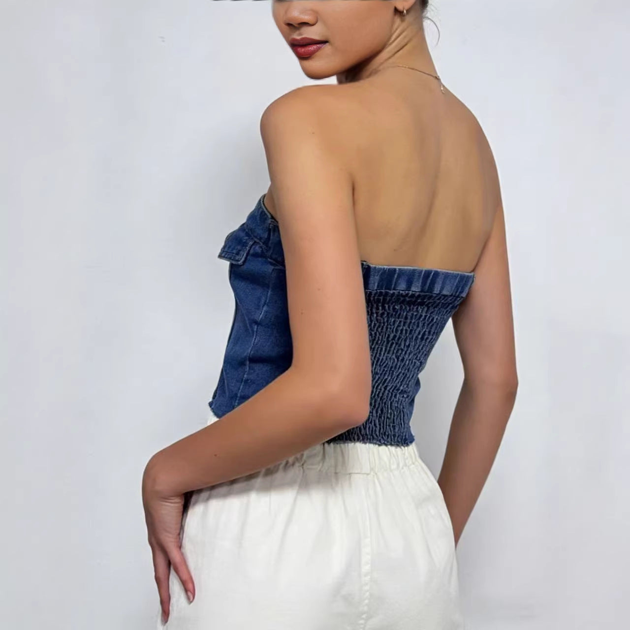 Graceful Blue Cotton Sexy Denim Tube Tops