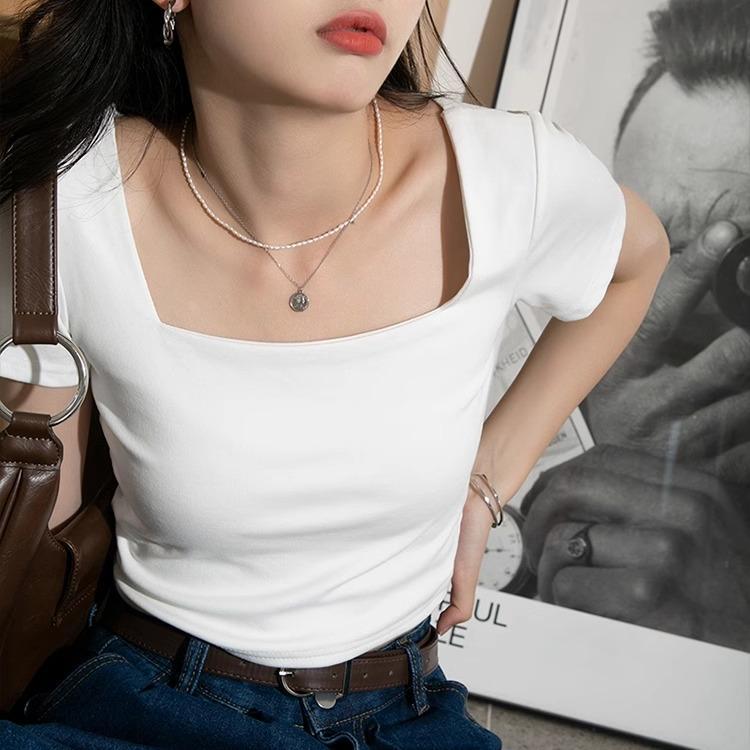 Summer White Skinny High-waisted Chic Bottoming Women's T-shirt