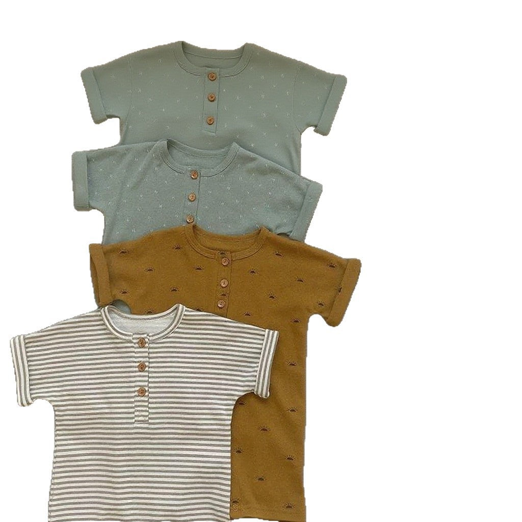 Summer Loose Short Sleeve Striped Cotton One-piece Romper Male Jumpsuit, Climbing Suit