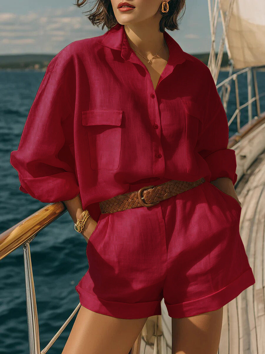 Women's Solid Color Loose Breasted Shirt Set Shorts