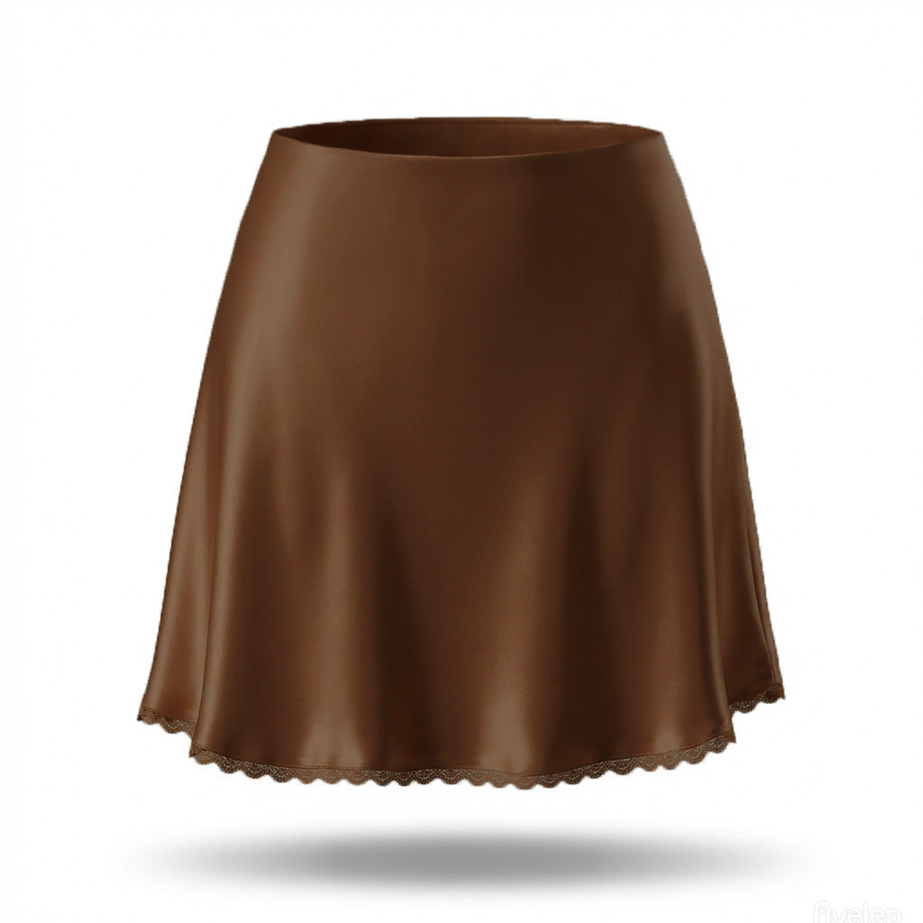 Satin High Waist Elastic Sexy Lace A- Skirt