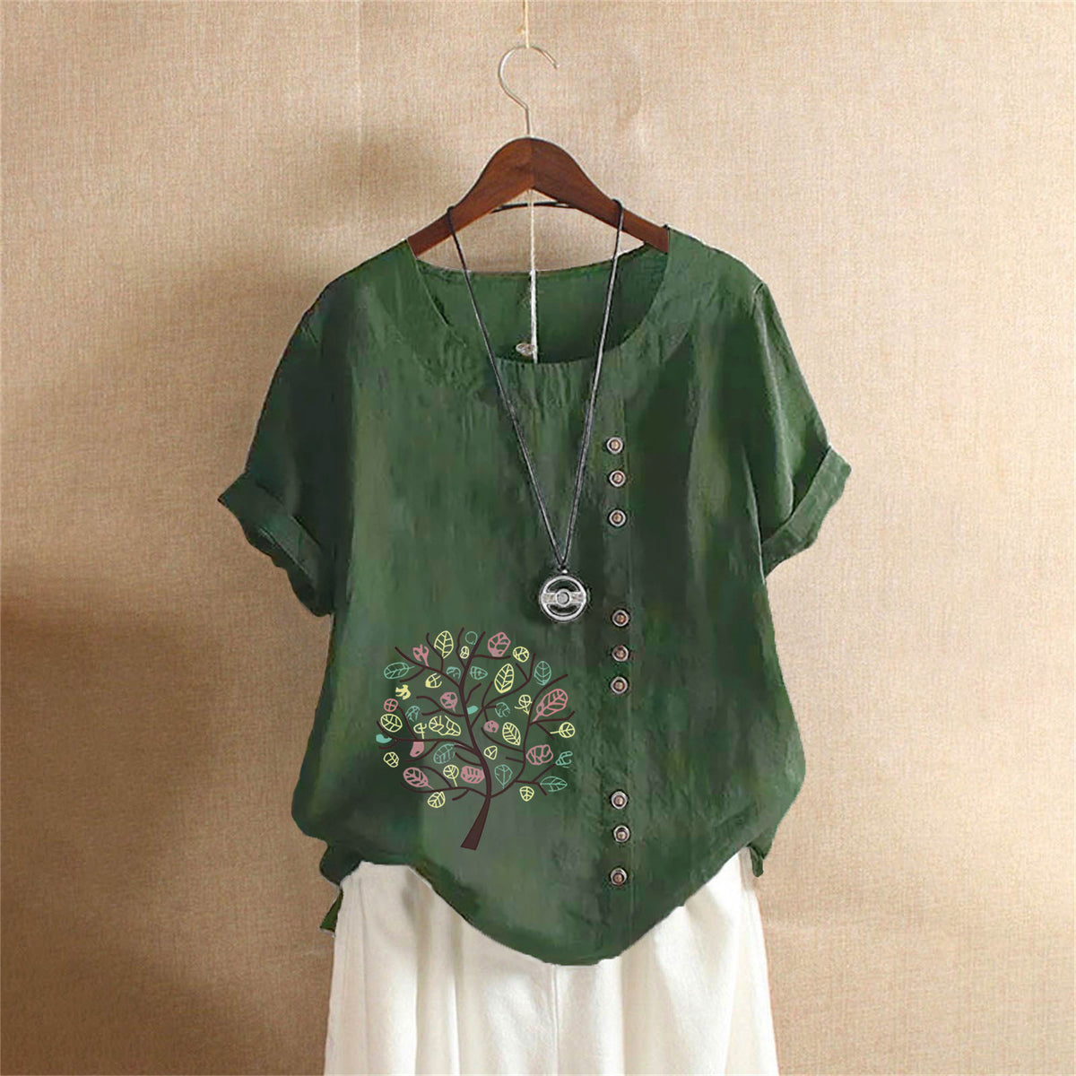 Women's Retro Large Casual Loose Cotton Linen Sleeve Pullover Happiness Women's T-shirt
