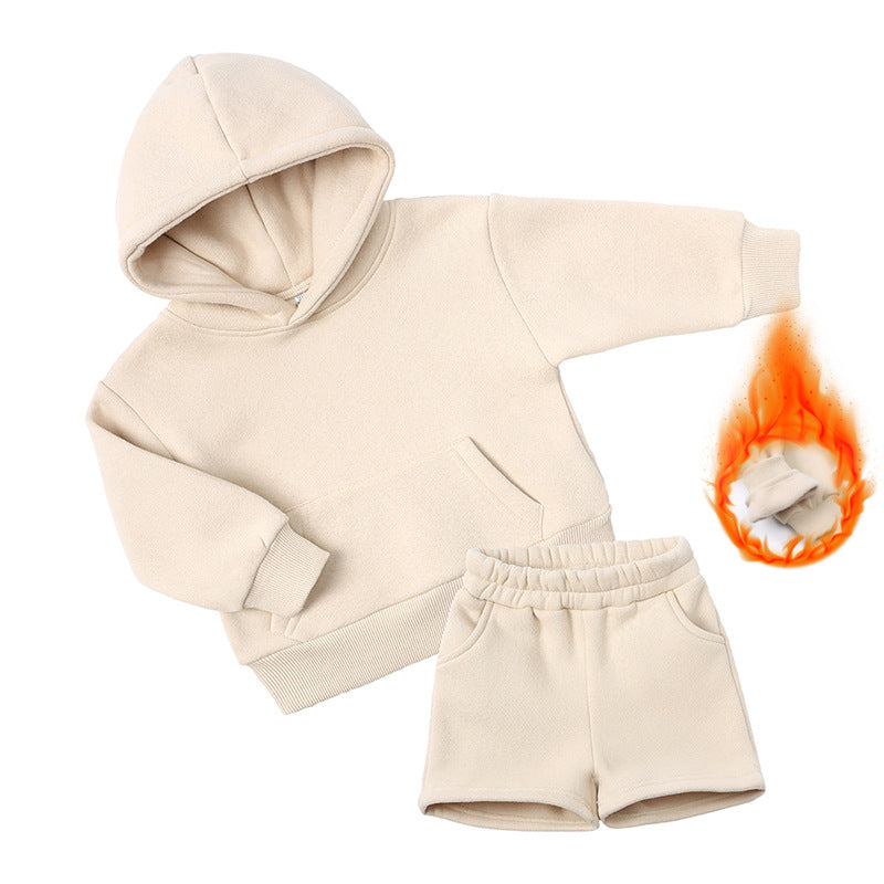 Children's Long-sleeved Sweater Shorts Two-piece Set Solid Color Boys Thickening Exercise Children's Suit