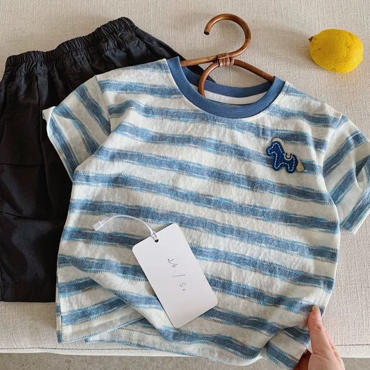 Men's & Children's Casual Striped Summer Boys Pony Embroidered Top Thin Children's T-shirt