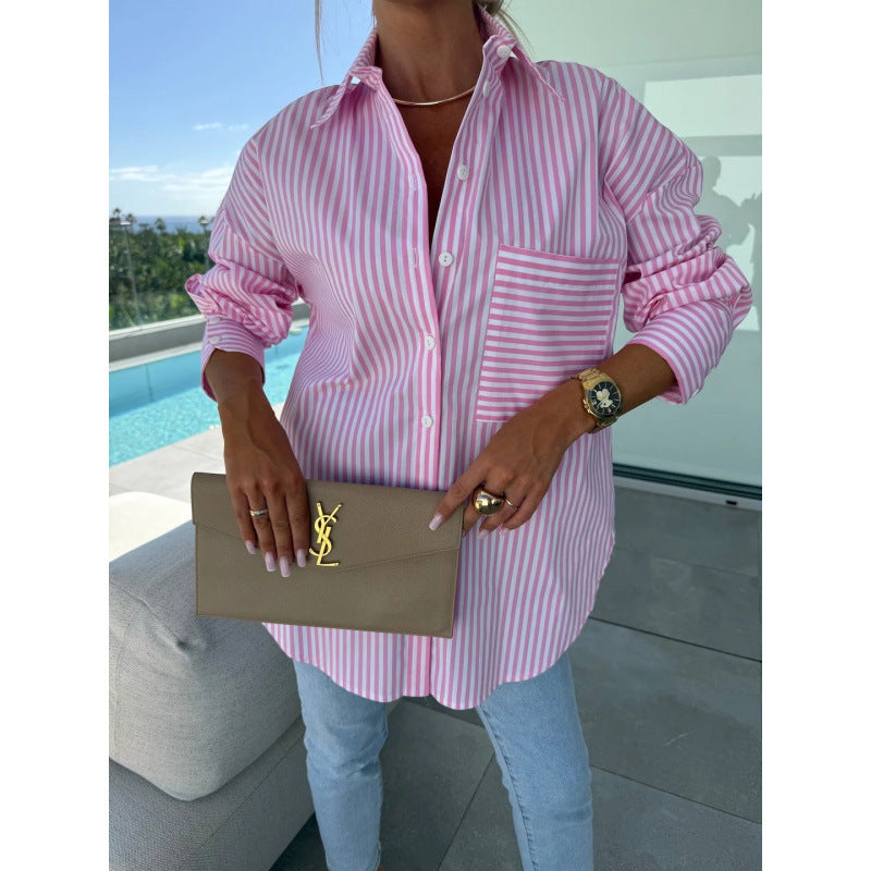 Women's Pocket Striped Long Sleeve Shirt Clothing