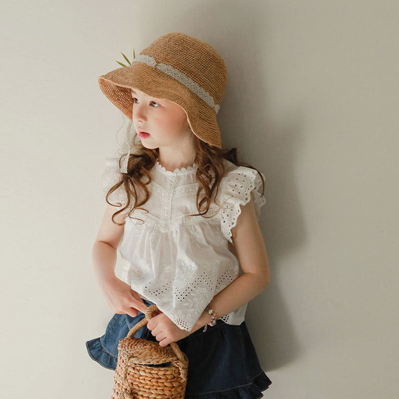 Children's Summer Strawberry Shan Clothing Hollow Edge Flounced Sleeve Children's T-shirt