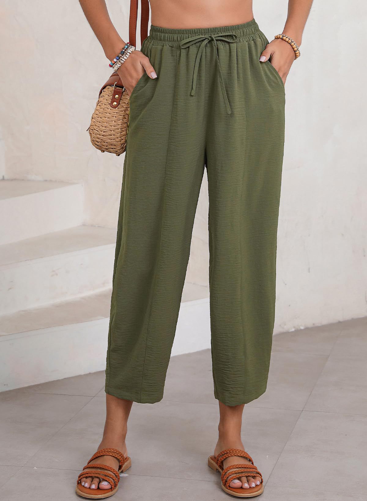 Women's High Waist Loose Vacation Drawstring Pocket Casual Pants
