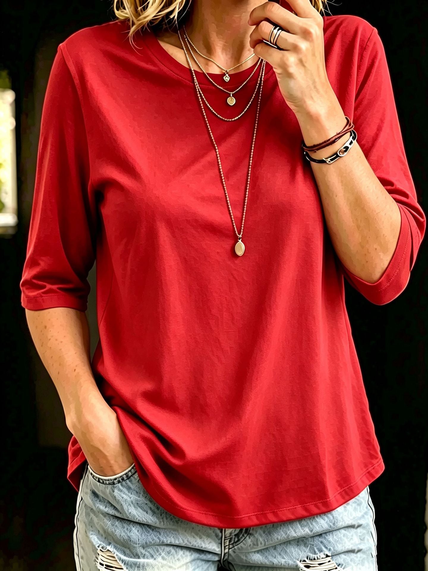 Women's Casual Round Neck Shoulder Half Sleeve Women's T-shirt