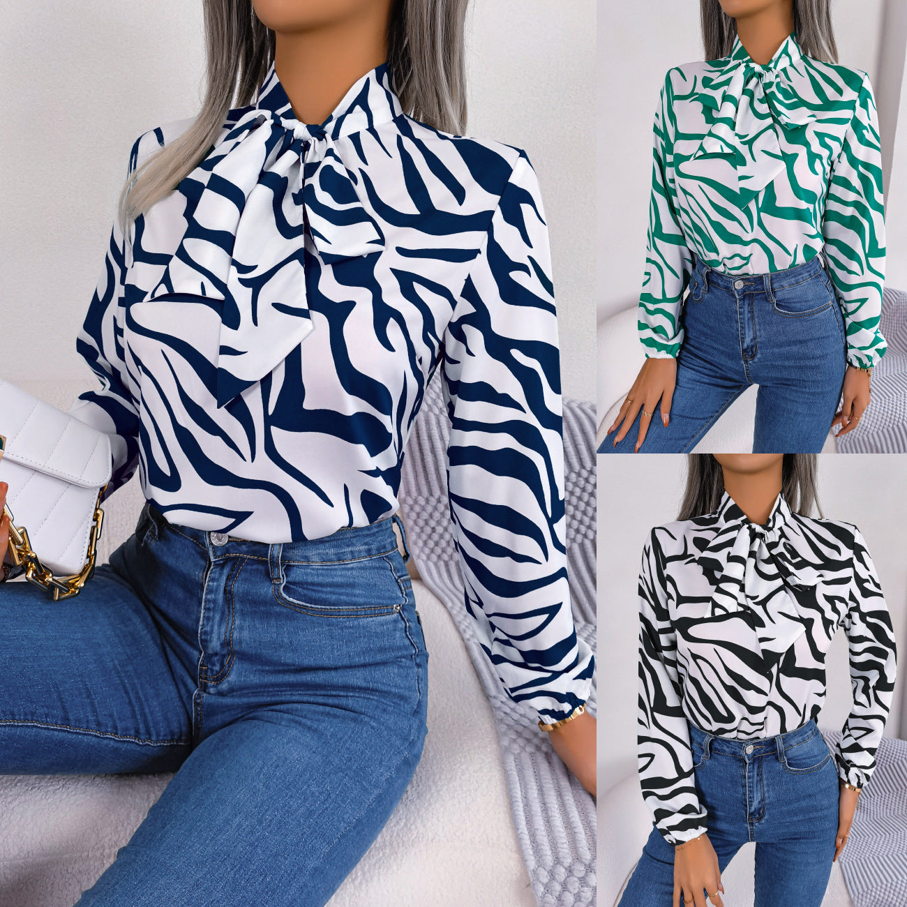 Women's Elegant Contrast Color Striped Lantern Sleeve Lace Shirt, Chiffon Shirt