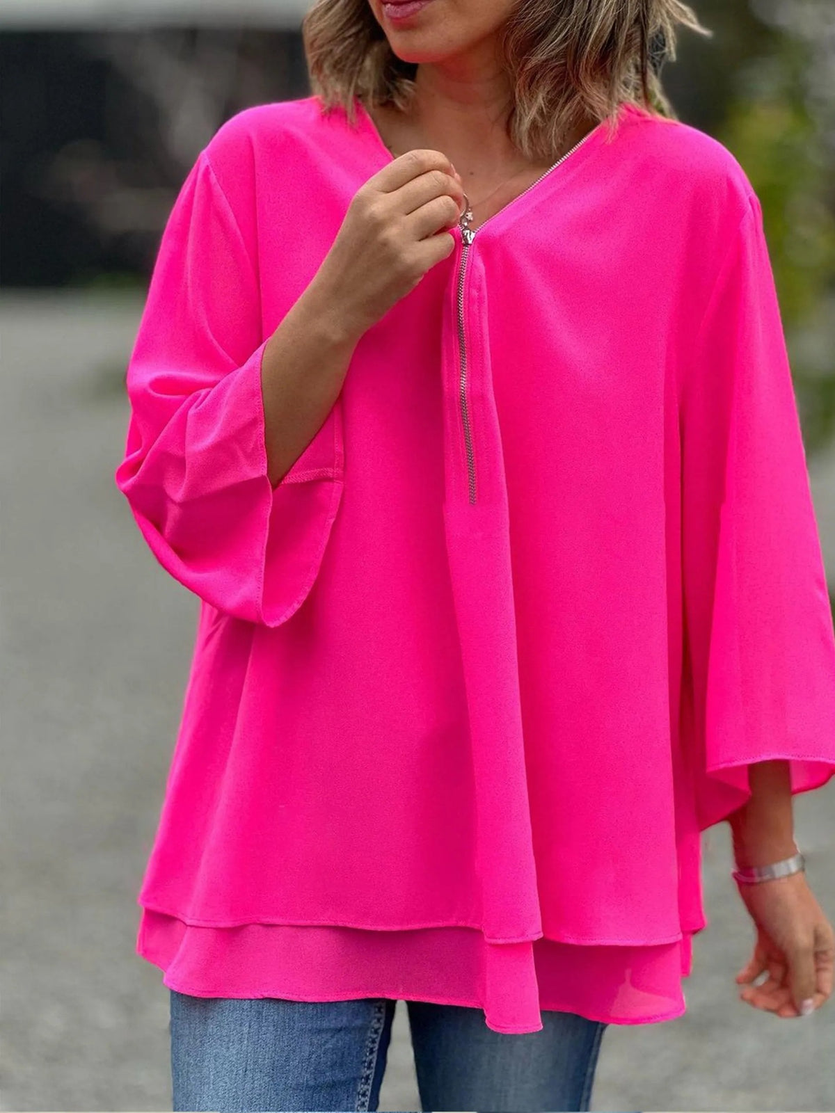 Classy Sleeves Casual Metal Zipper Loose Lace Shirt, Chiffon Shirt