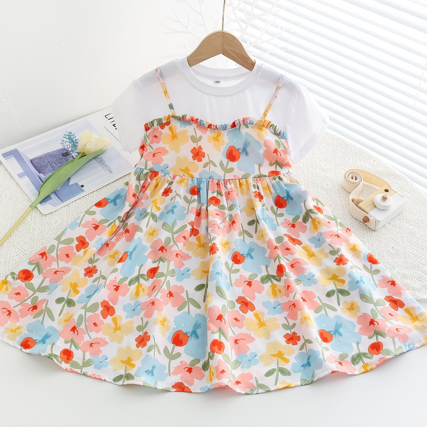 Children's Large Cotton Silk Short Sleeve Fake Two Pieces Artificial Summer Children's Dress