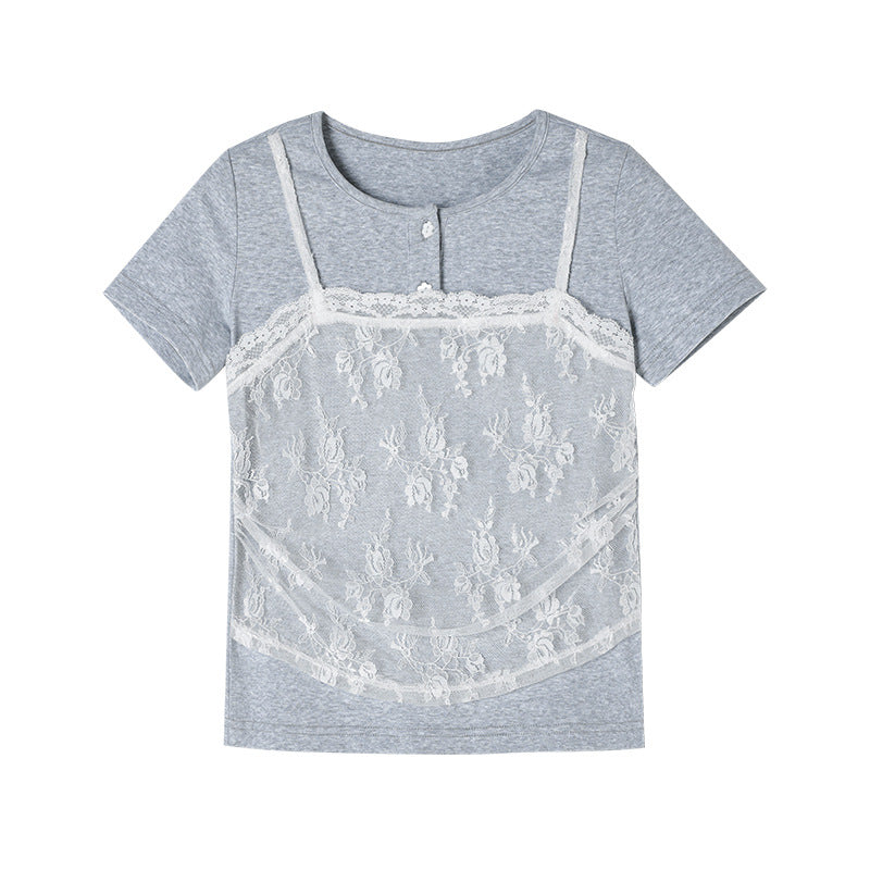 Children's Korean Lace Stitching Fake Two-piece Summer Middle Big Short Children's T-shirt