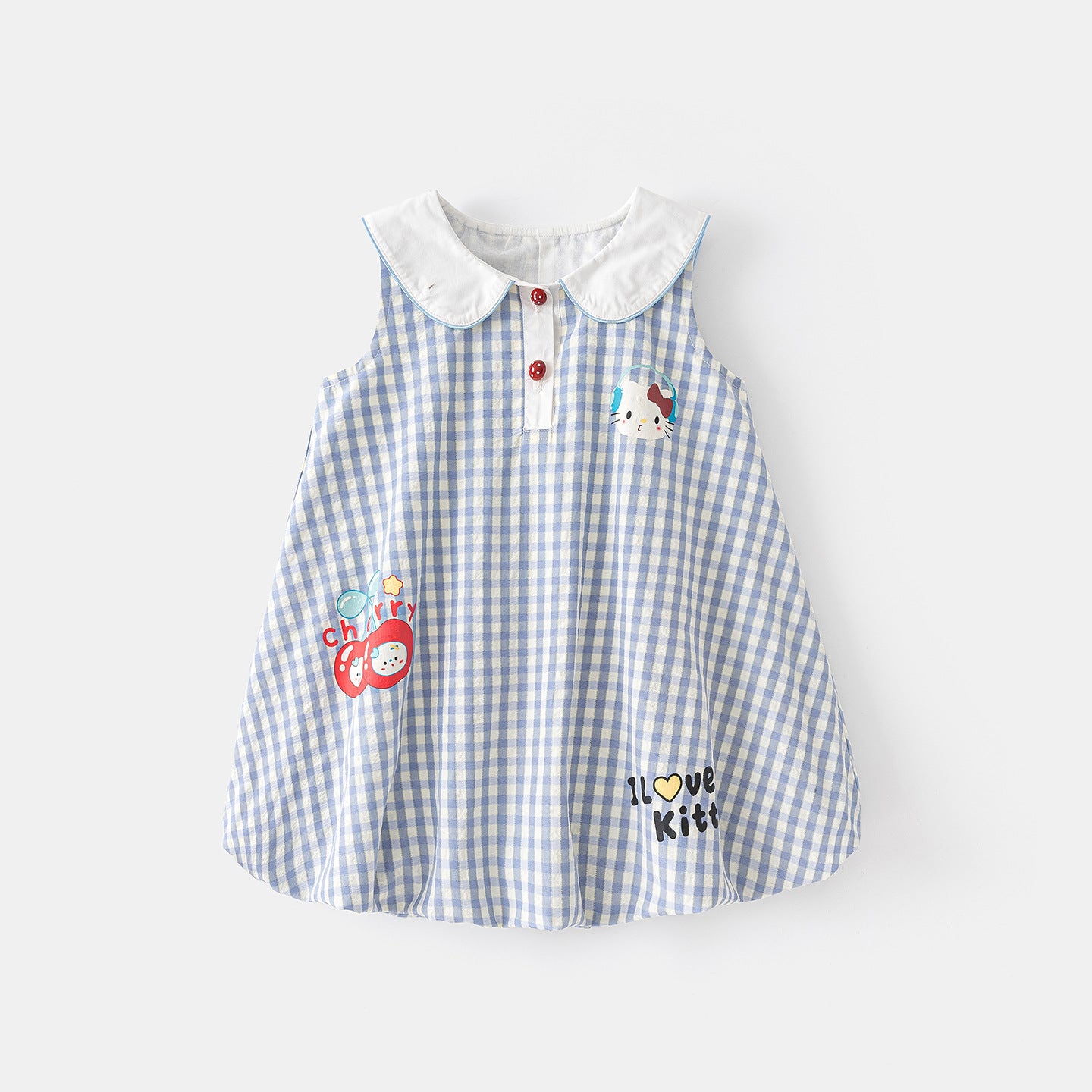 Children's Cartoon Printed Plaid Doll Collar Vest Children's Dress