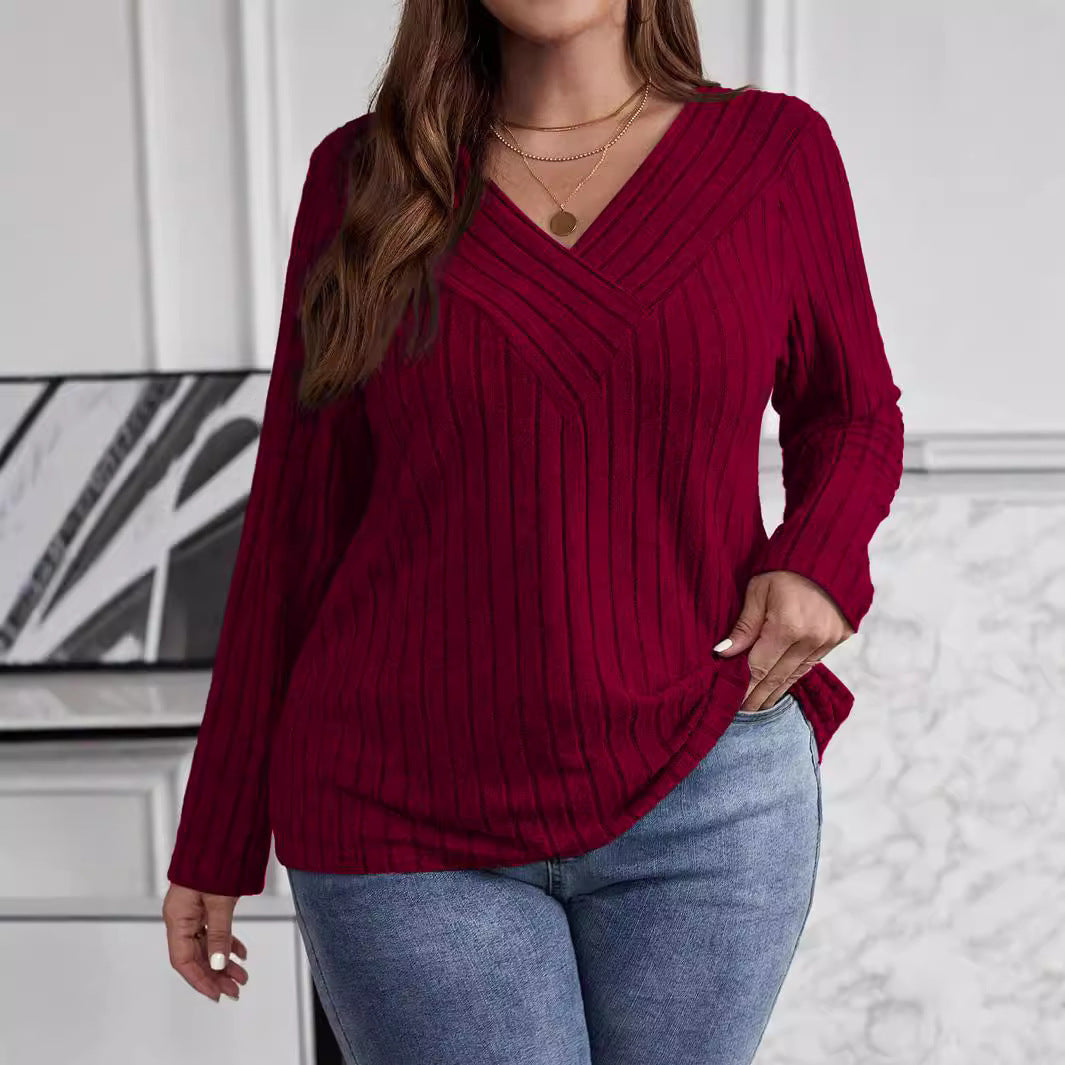 Solid Color Cross Long Sleeve Sunken Stripe Brushed Tops