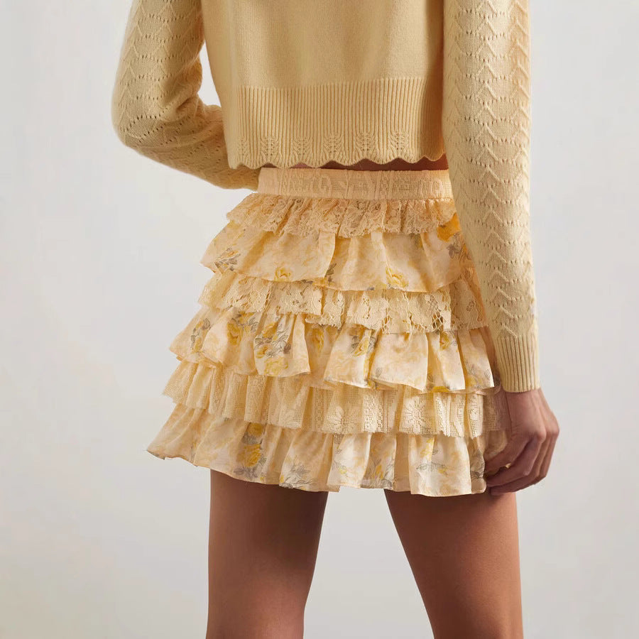Women's Natural Plant Floral Print Lace Cake Skirt