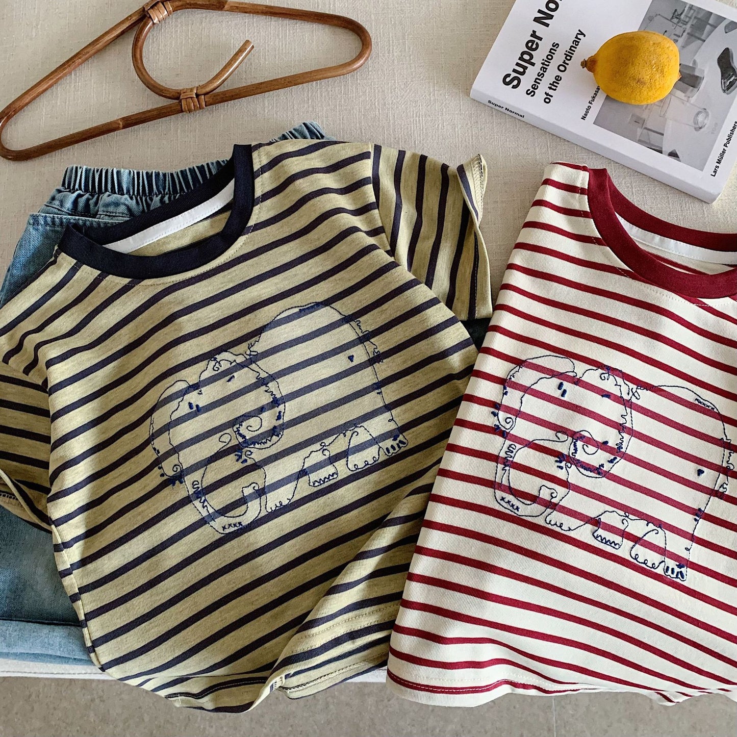 Children's Short-sleeved Summer Embroidered Elephant Striped Western Style Children's T-shirt