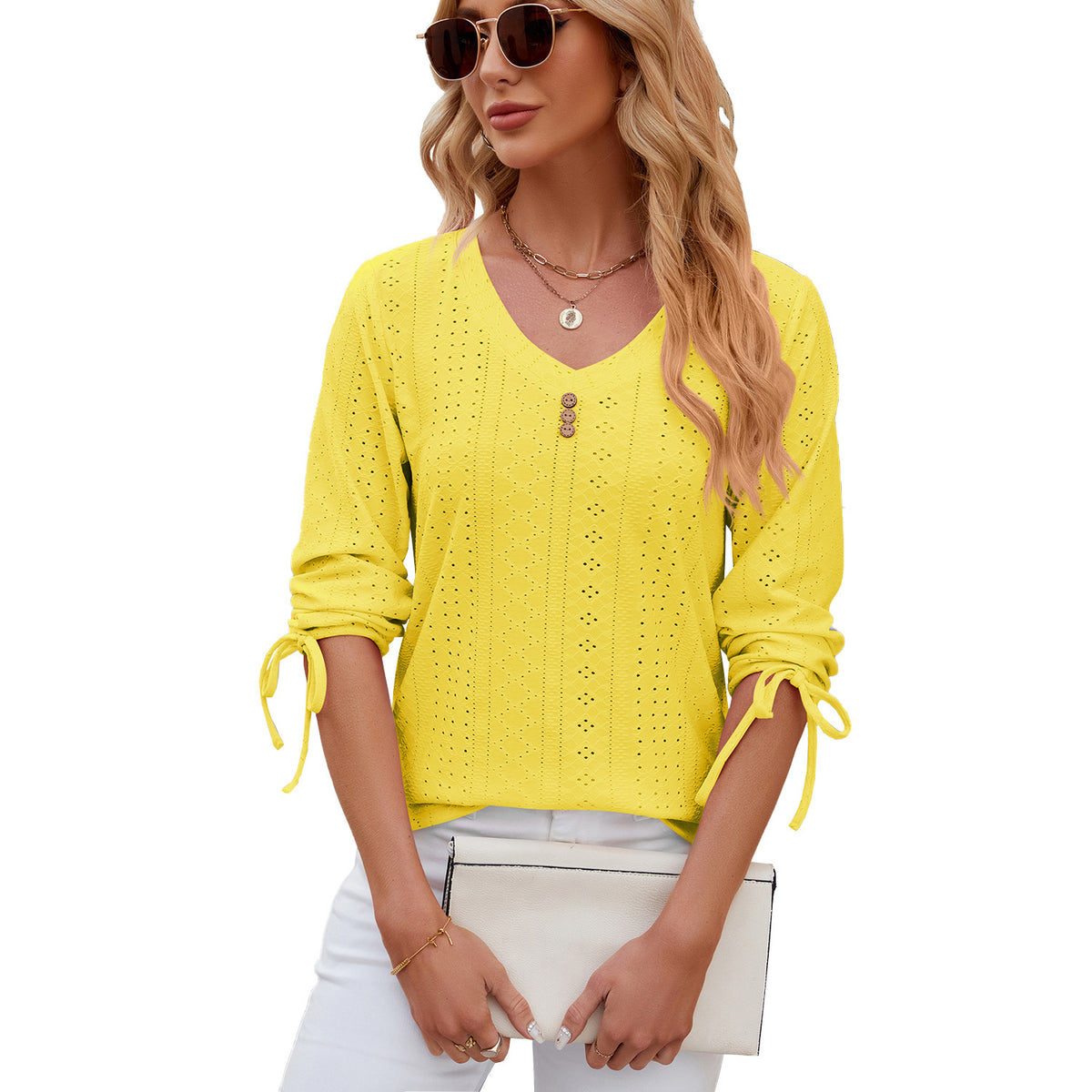 Women's Button Solid Color Half Sleeves Loose-fitting Women's T-shirt