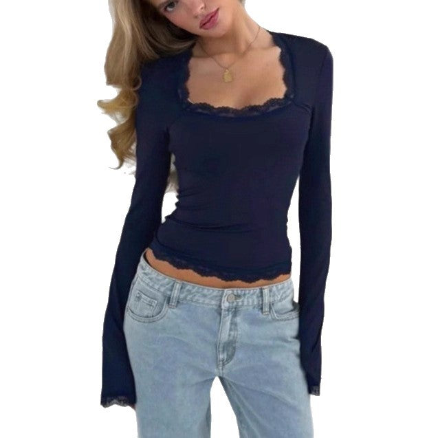 Sexy Long Sleeve Rib Fashion Chest Lace Shirt, Chiffon Shirt