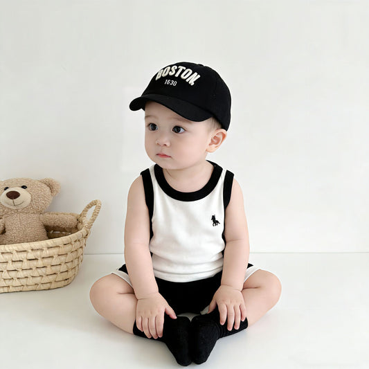 Children's Boys Toddlers Summer Vest Shorts Set Embroidery Color Matching Children's Suit