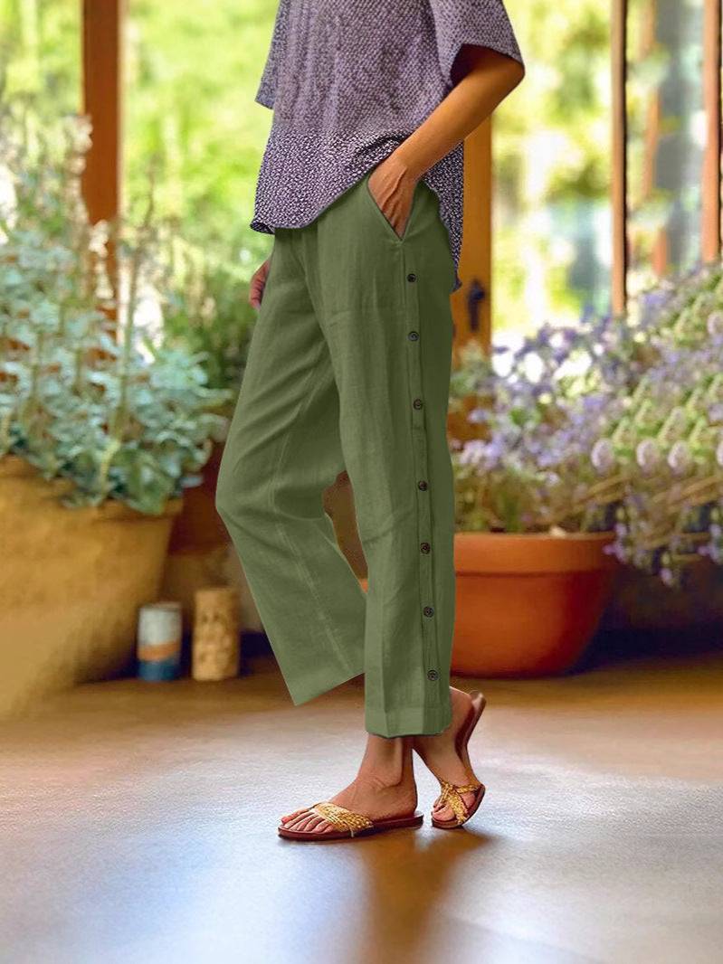 Holiday Slim Looking Cotton Linen Breathable Cropped Featured Fastener Casual Pants