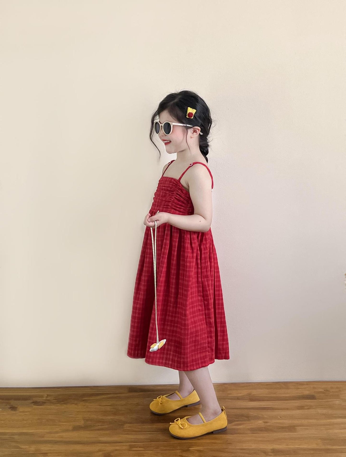 Vacation Style Red Plaid Sling Adjustable Large Skirt Vest Sleeveless Children's Dress