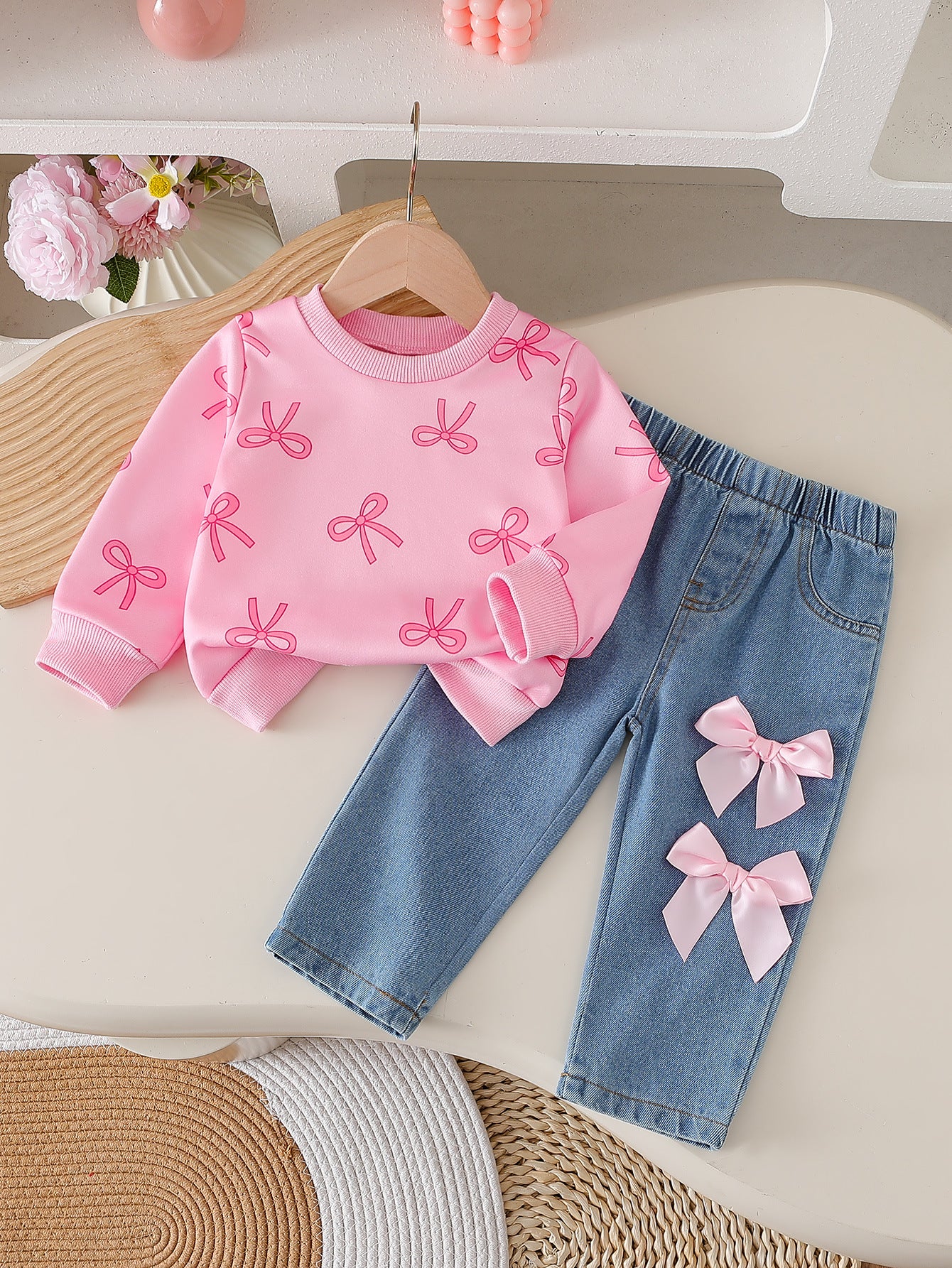 Cute Round Neck Top Bow Jeans Two-piece Children's Suit