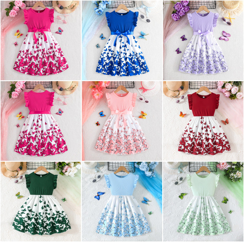 Short-sleeved Flounced Sleeve Sunken Stripe Stitching Butterfly Children's Dress