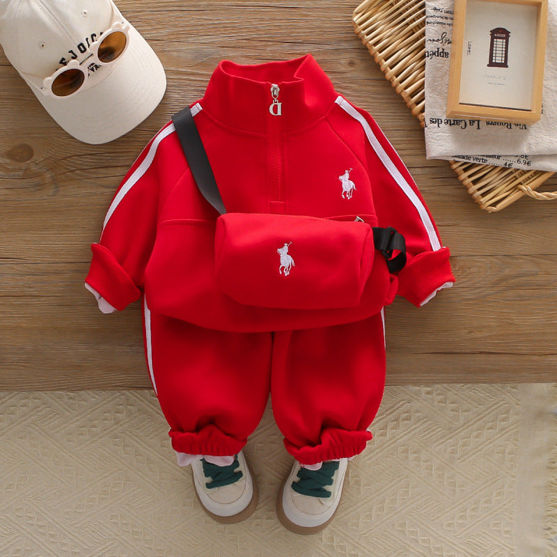 Boys Autumn Clothing Embroidered Bag Two-piece Children's Suit