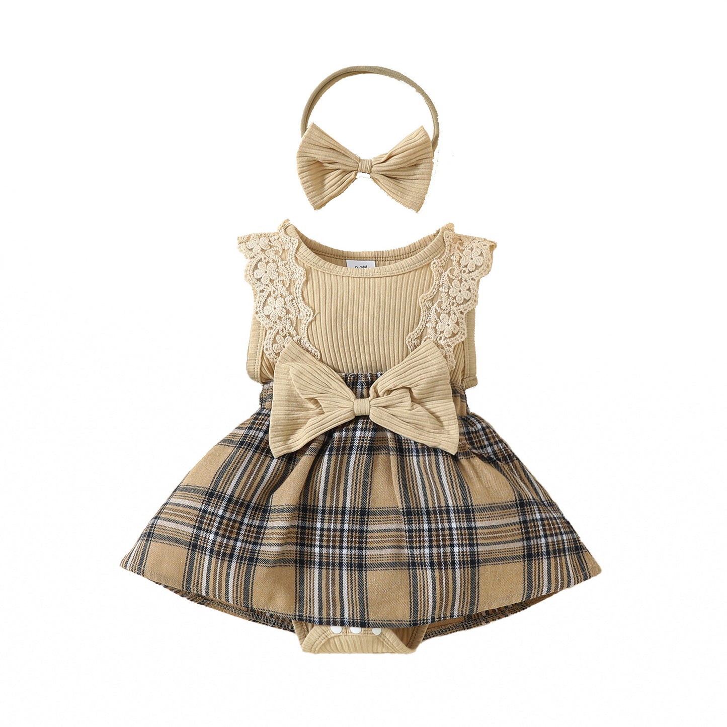 Sleeveless Triangle Gown Lace Big Bowknot Plaid Vest Jumpsuit, Climbing Suit