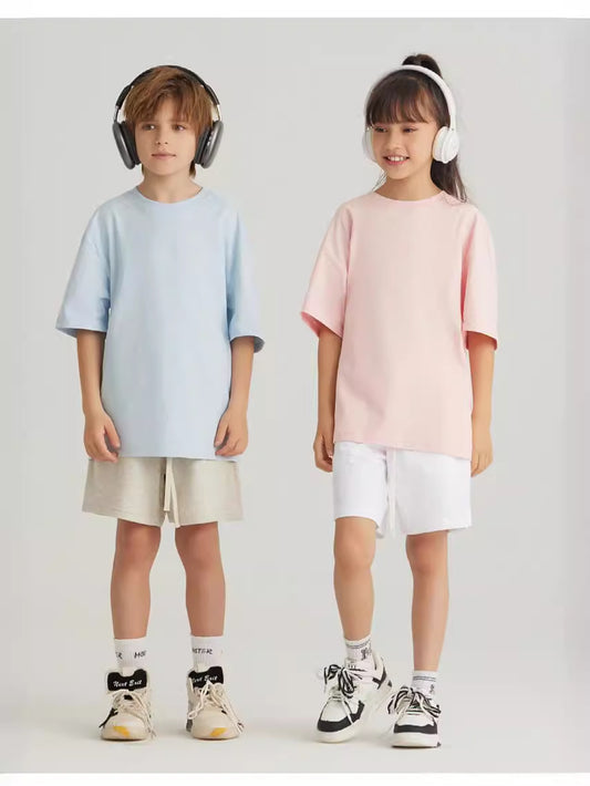 Children's Cotton Loose Shoulder Short-sleeved Solid Color Heavy Clothing Fashion Sports Children's T-shirt