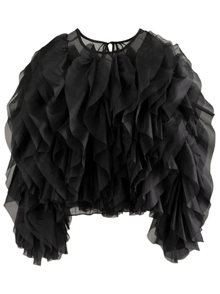 Women's Solid Color Autumn High-grade Stitching Voile Shirt Blouse