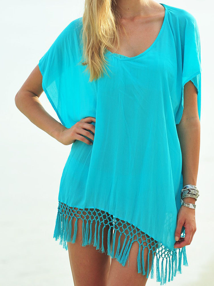 Women's Wear Solid Color Tassel Knotted Batwing Sleeve Lace Shirt, Chiffon Shirt