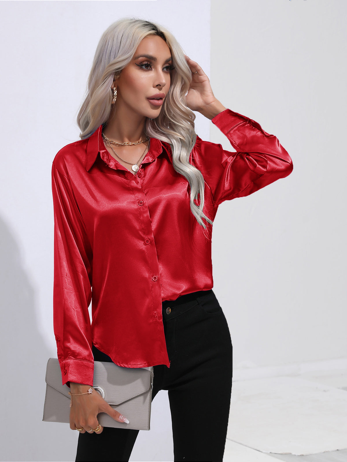 Glamorous Unique Women's Satin Shirt Long-sleeved Blouse