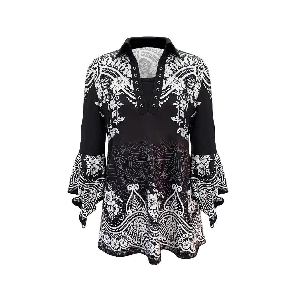 Autumn Print Polo Collar Irregular Sleeve Women's T-shirt