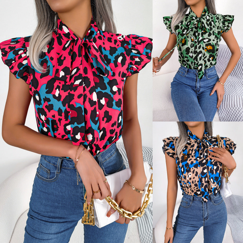 Women's Casual Leopard Print Stringy Seedge Lace Shirt, Chiffon Shirt