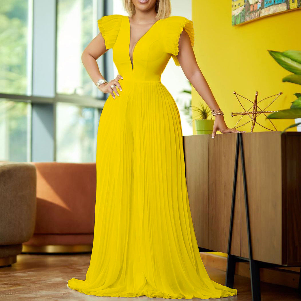 Fei Flounced Sleeve Elegant Pleated Stitching Deep Jumpsuits