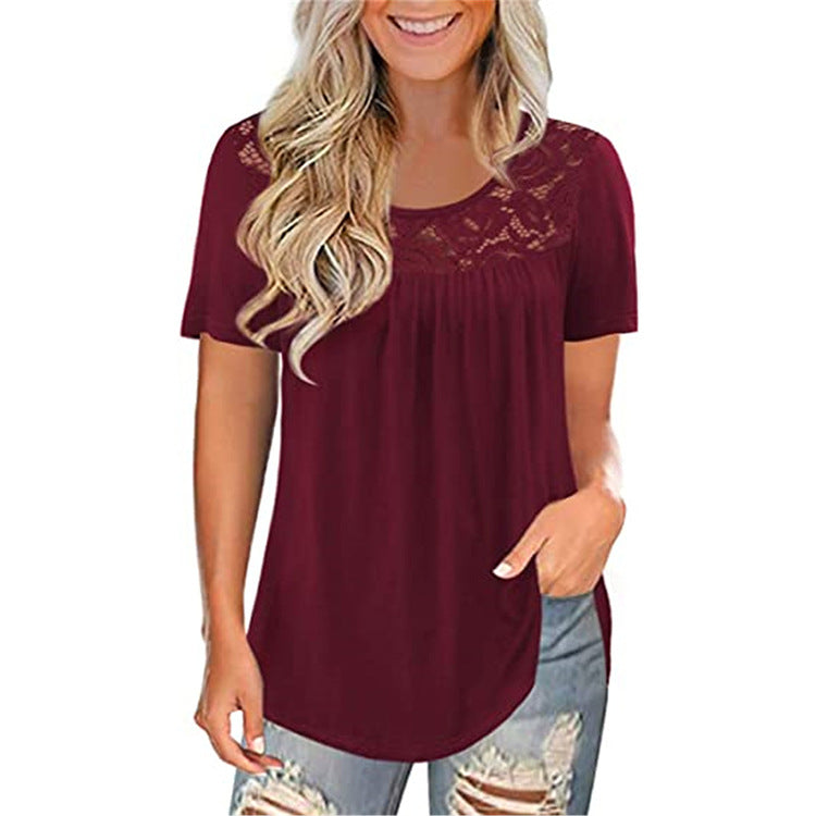 Women's Sleeve Lace Pleated Shirt Summer Waist Temperament Plus Size