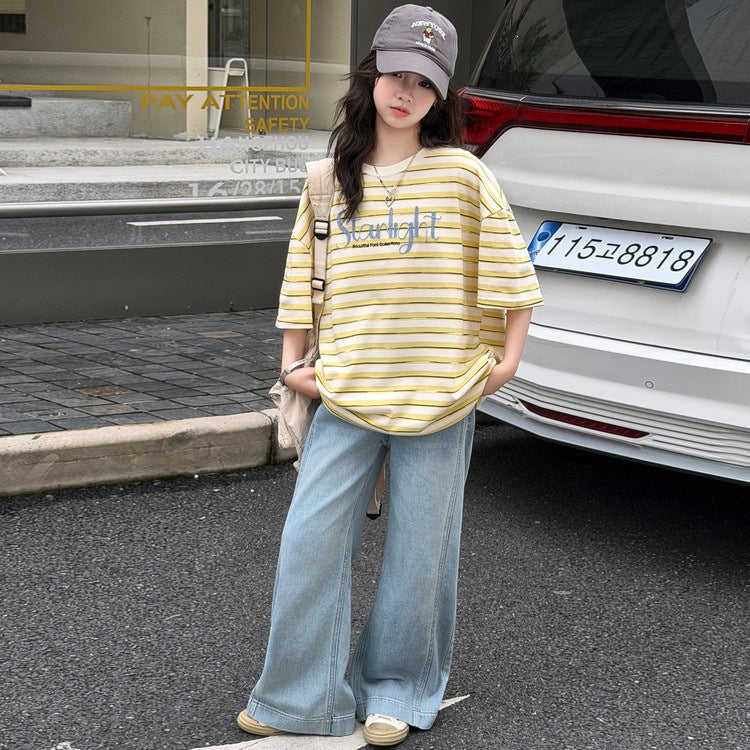 Children's Casual Summer Medium Large Striped Letters Short Sleeve Loose Half Children's Suit